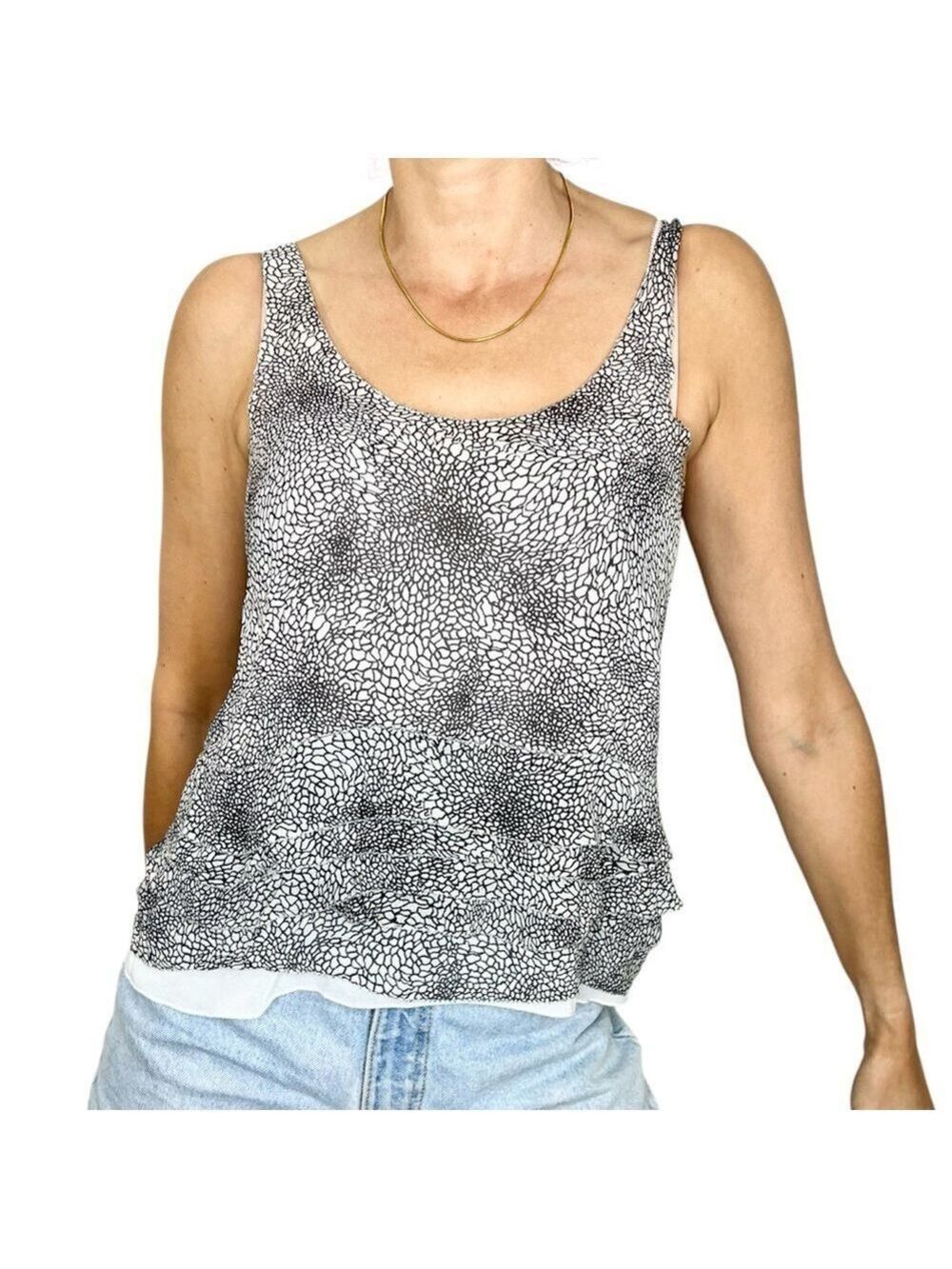 Club Monaco 100% silk black white abstract print flowy oversized tank top XS